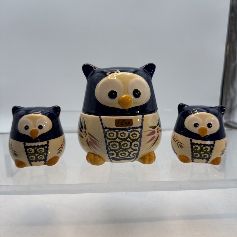 Temptations Old World Cobalt Blue Owl Nesting Measuring Cups, Salt & Pepper Shak